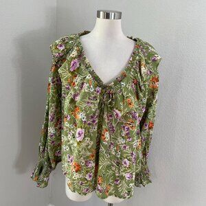 Anthropologie Womens Plus 1X Floral Green Blouse Long Sleeve Ruffle V Neck Top